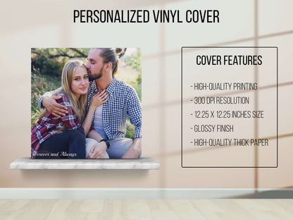 Personalized vinyl record cover featuring high-quality printing and glossy finish with a couple's photo.