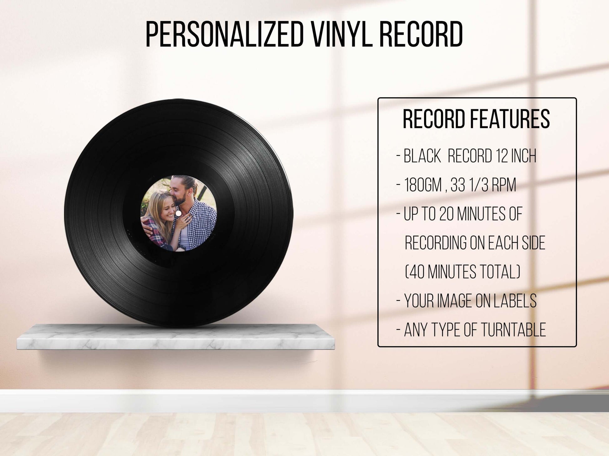 Personalized 12-inch custom vinyl record featuring a photo with recording details on a display shelf.