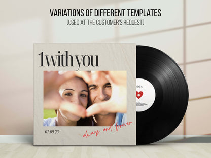 Custom vinyl record template showcasing a personalized photo cover design for unique music gifts.