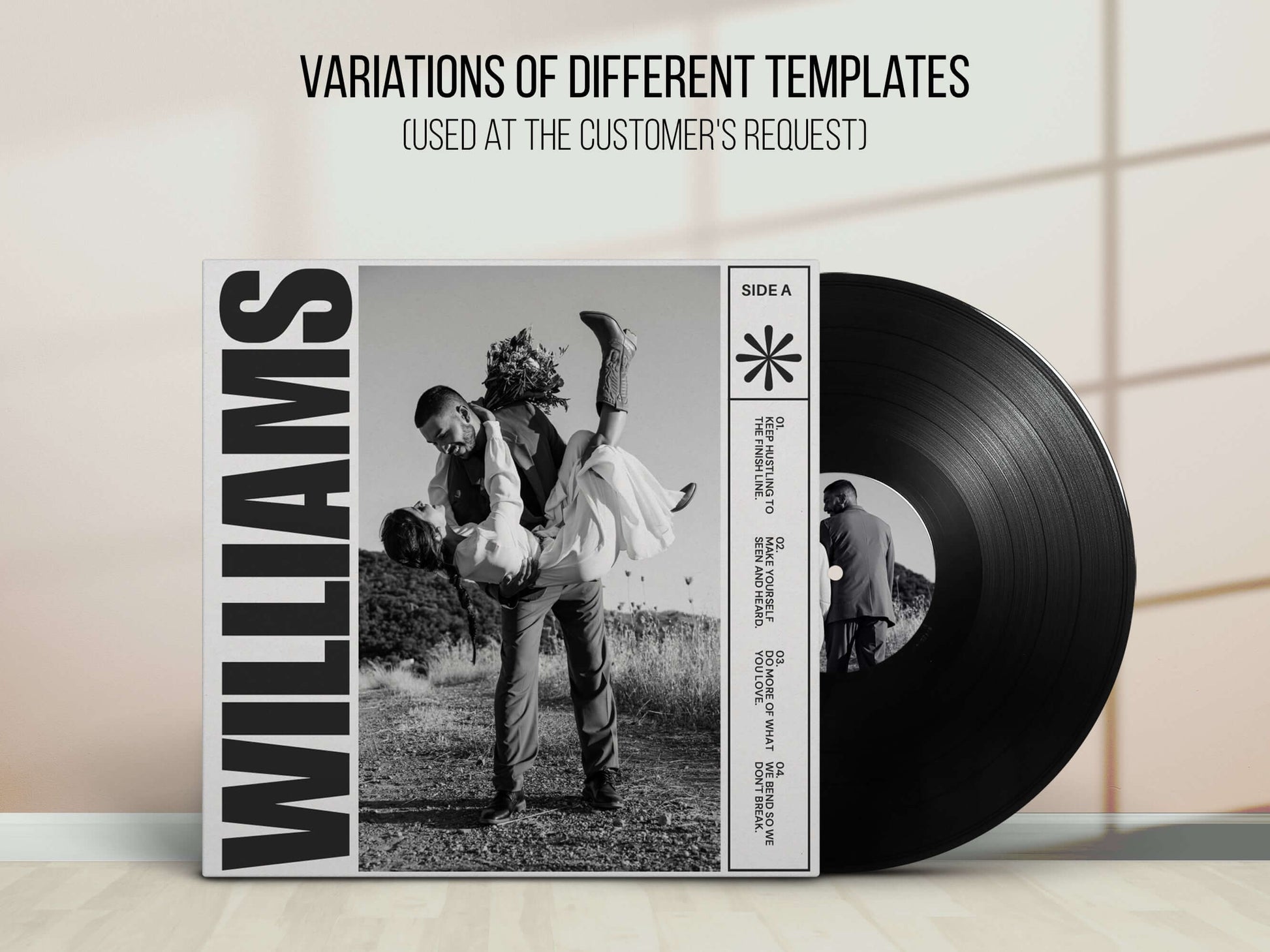 Custom 12-inch vinyl record showcasing variations of personalized templates with a family photo and music.